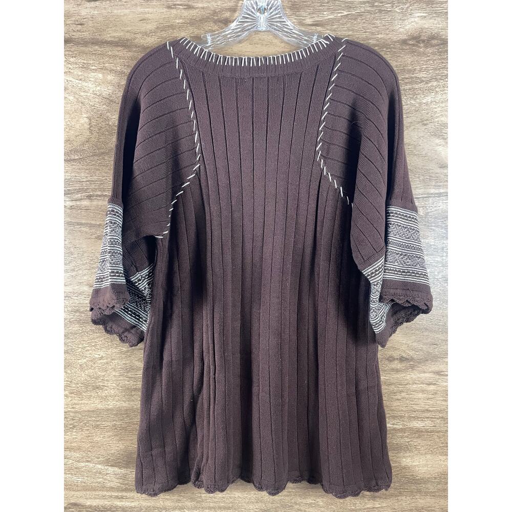 NWT Dressbarn 100% Cotton Brown Boho Knit Sweater Top Size L Stitching - Picture 4 of 8